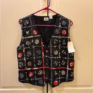 Halsey Collection Vest Rosette Adorned Sz Medium Black Red Back Tie Vintage NWT